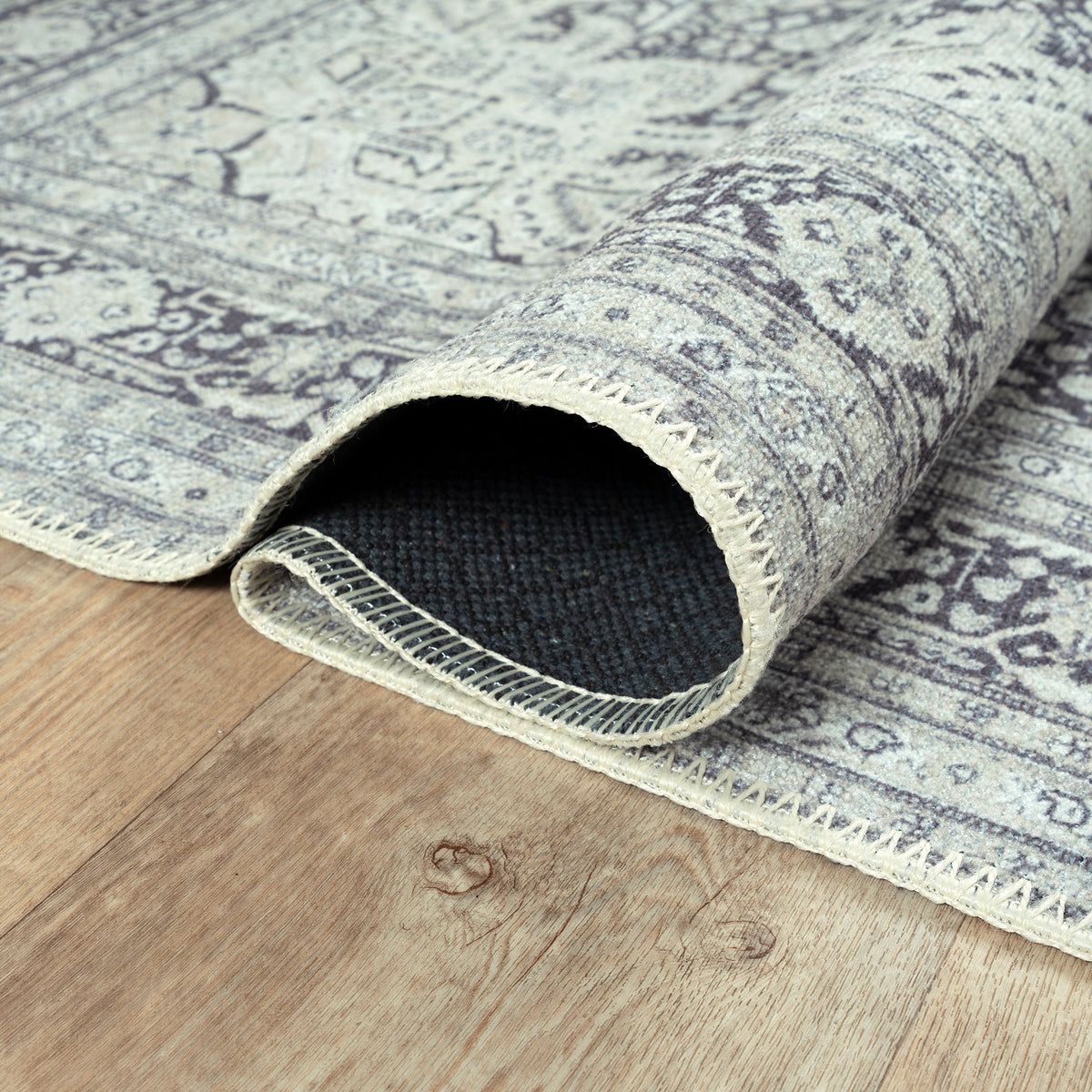 Ionia IO-51 Washable Non-Slip Traditional Medallion Charcoal Blue Area Rug