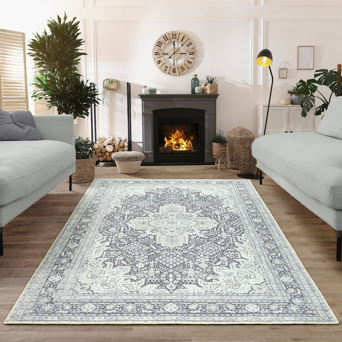 Ionia IO-51 Washable Non-Slip Traditional Medallion Charcoal Blue Area Rug