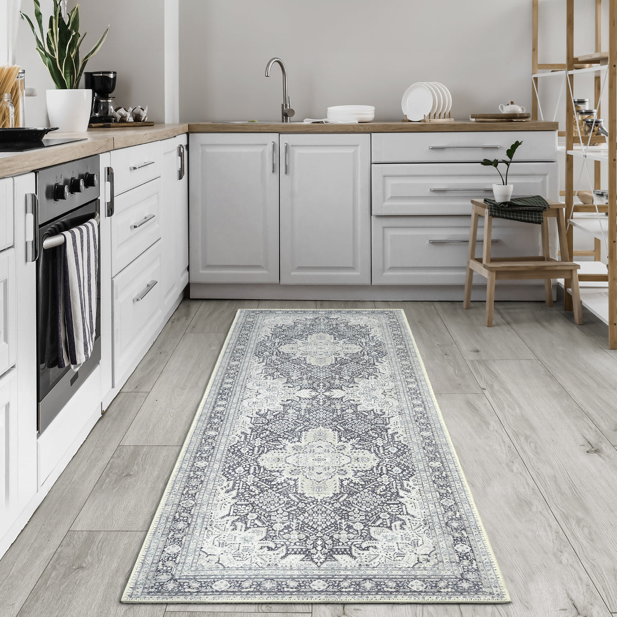 Ionia IO-51 Washable Non-Slip Traditional Medallion Charcoal Blue Area Rug