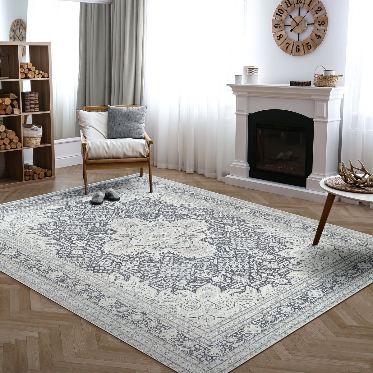 Ionia IO-51 Washable Non-Slip Traditional Medallion Charcoal Blue Area Rug