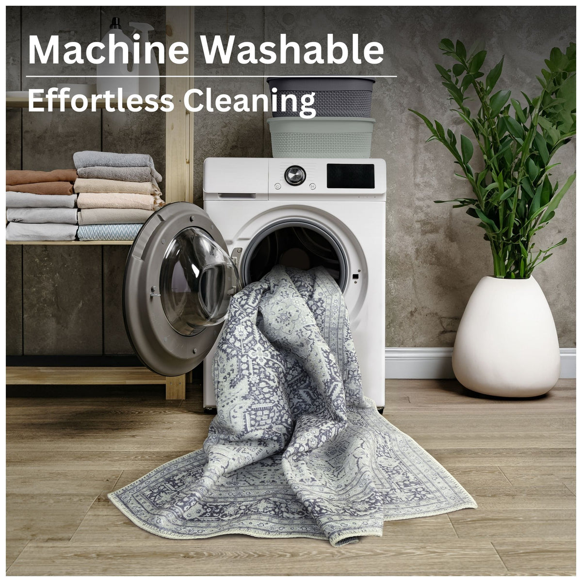 Ionia IO-51 Washable Non-Slip Traditional Medallion Charcoal Blue Area Rug
