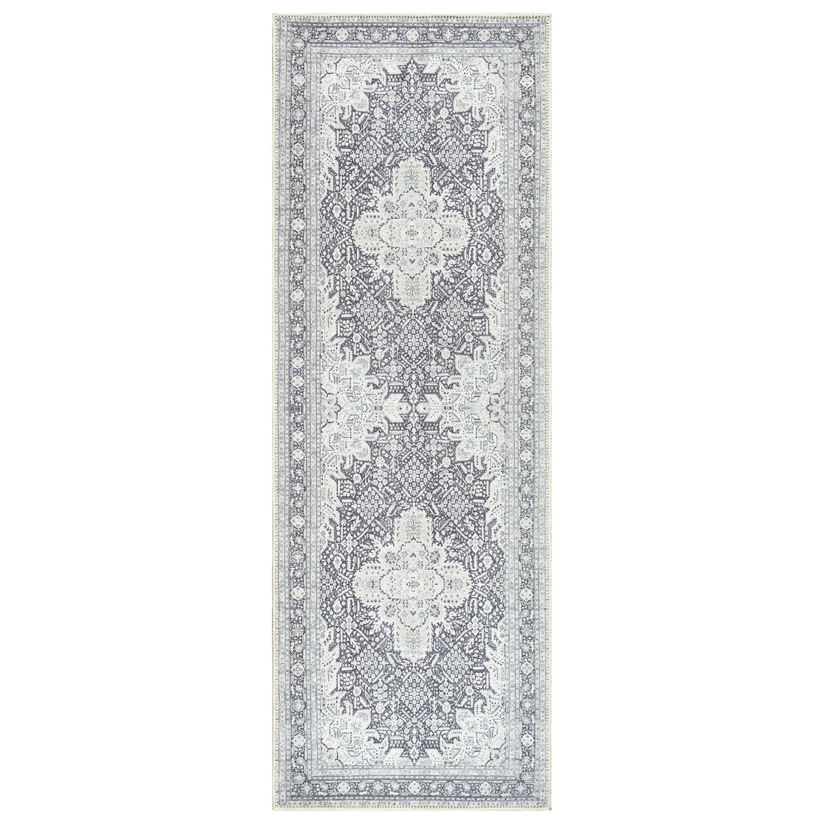 Ionia IO-51 Washable Non-Slip Traditional Medallion Charcoal Blue Area Rug