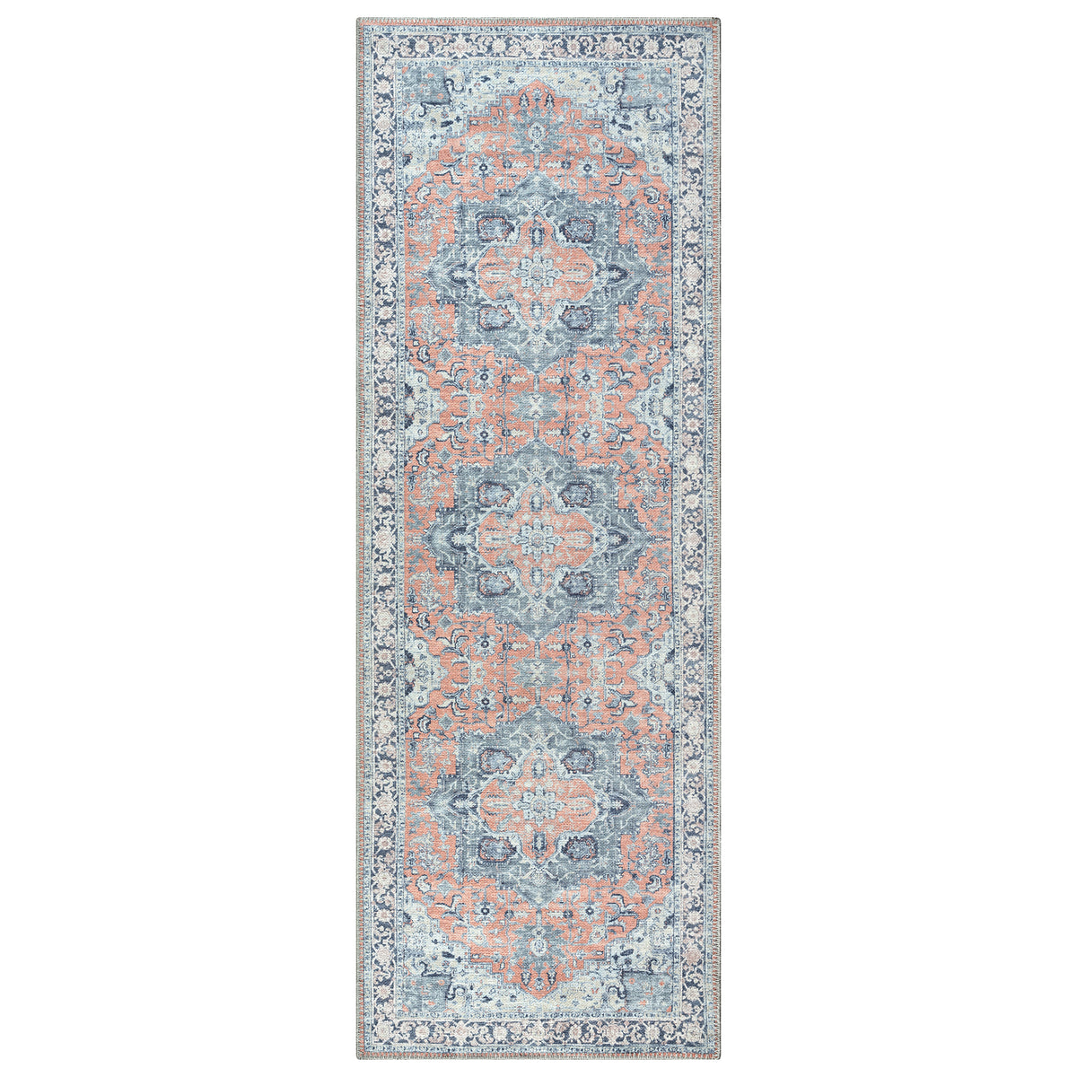 Ionia IO-14 Traditional Medallion Coral and Blue Washable Rug | Non-Slip