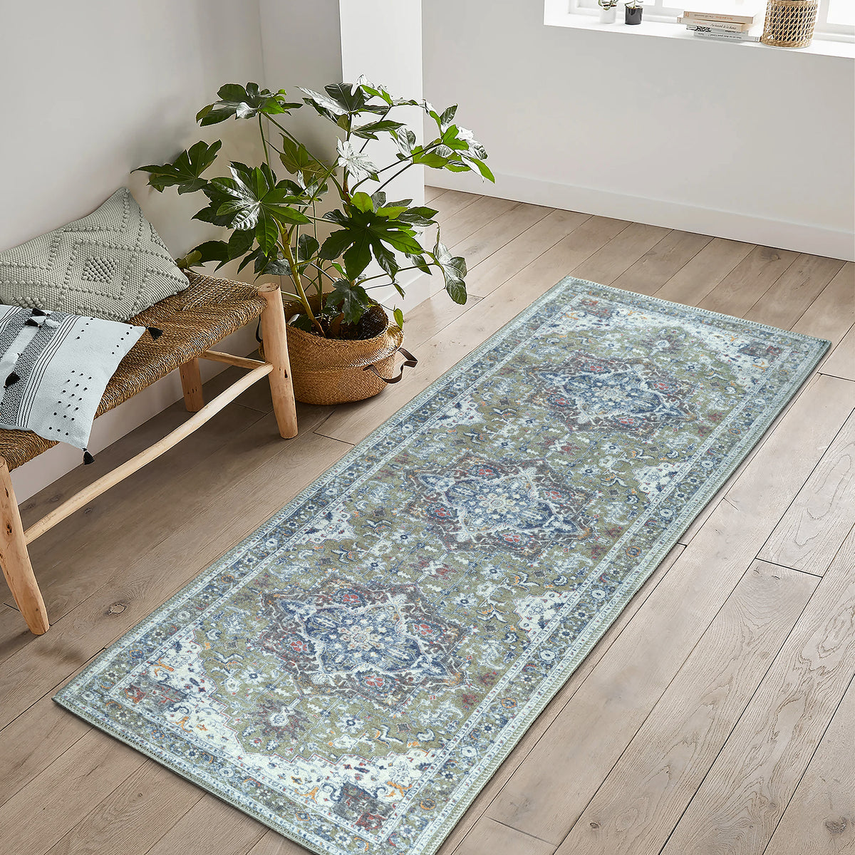 Ionia IO-14 Traditional Medallion Green Washable Rug | Non-Slip