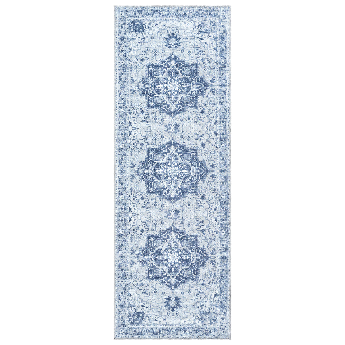 Ionia IO-14 Traditional Medallion Blue and Grey Washable Rug | Non-Slip