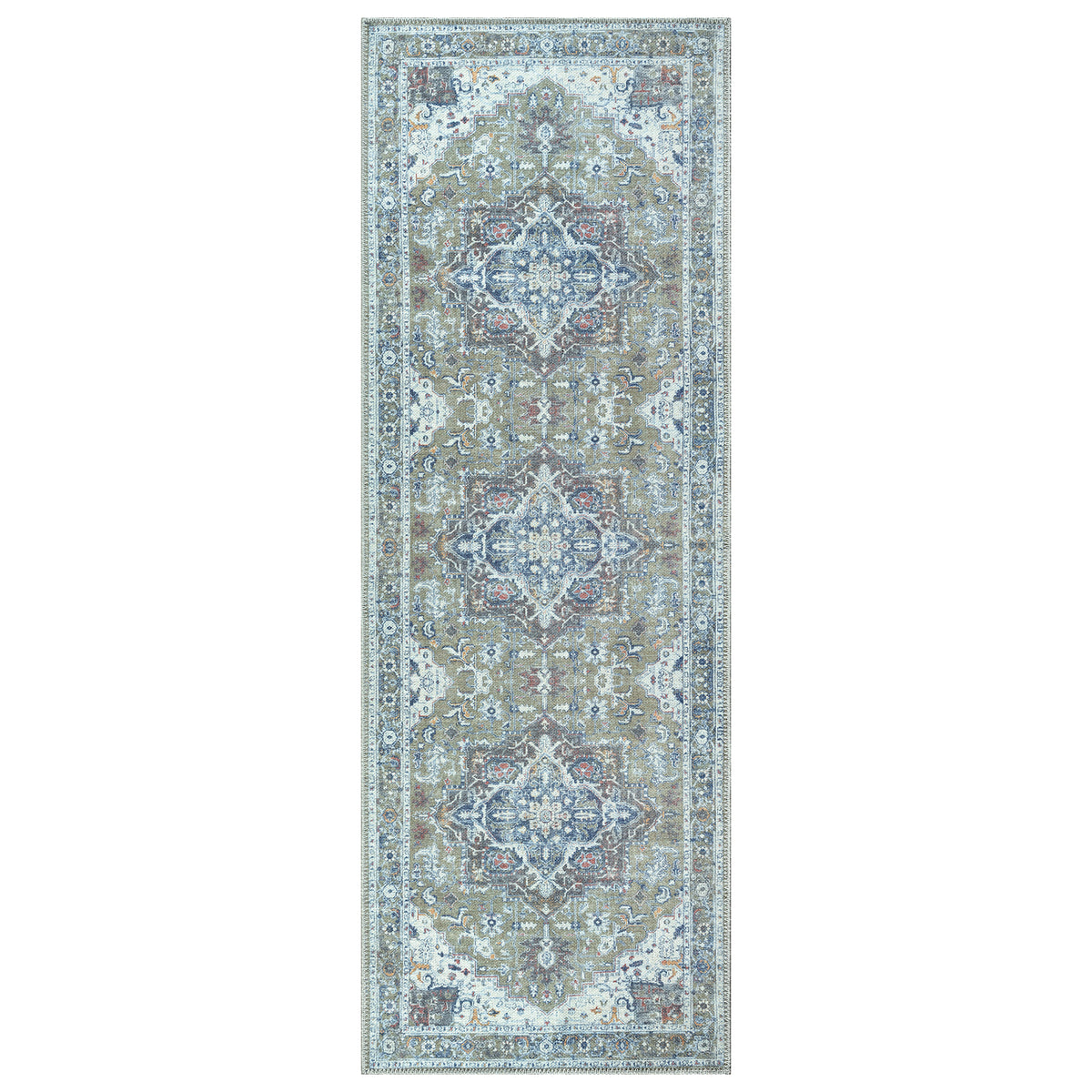 Ionia IO-14 Traditional Medallion Green Washable Rug | Non-Slip