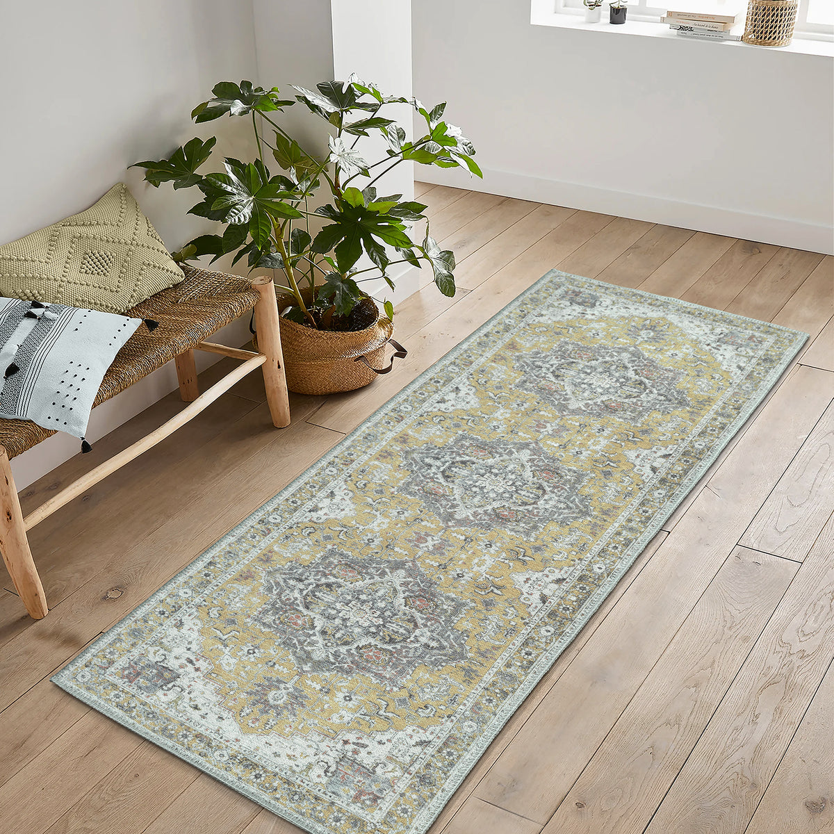Ionia IO-14 Traditional Medallion Yellow Washable Rug | Non-Slip