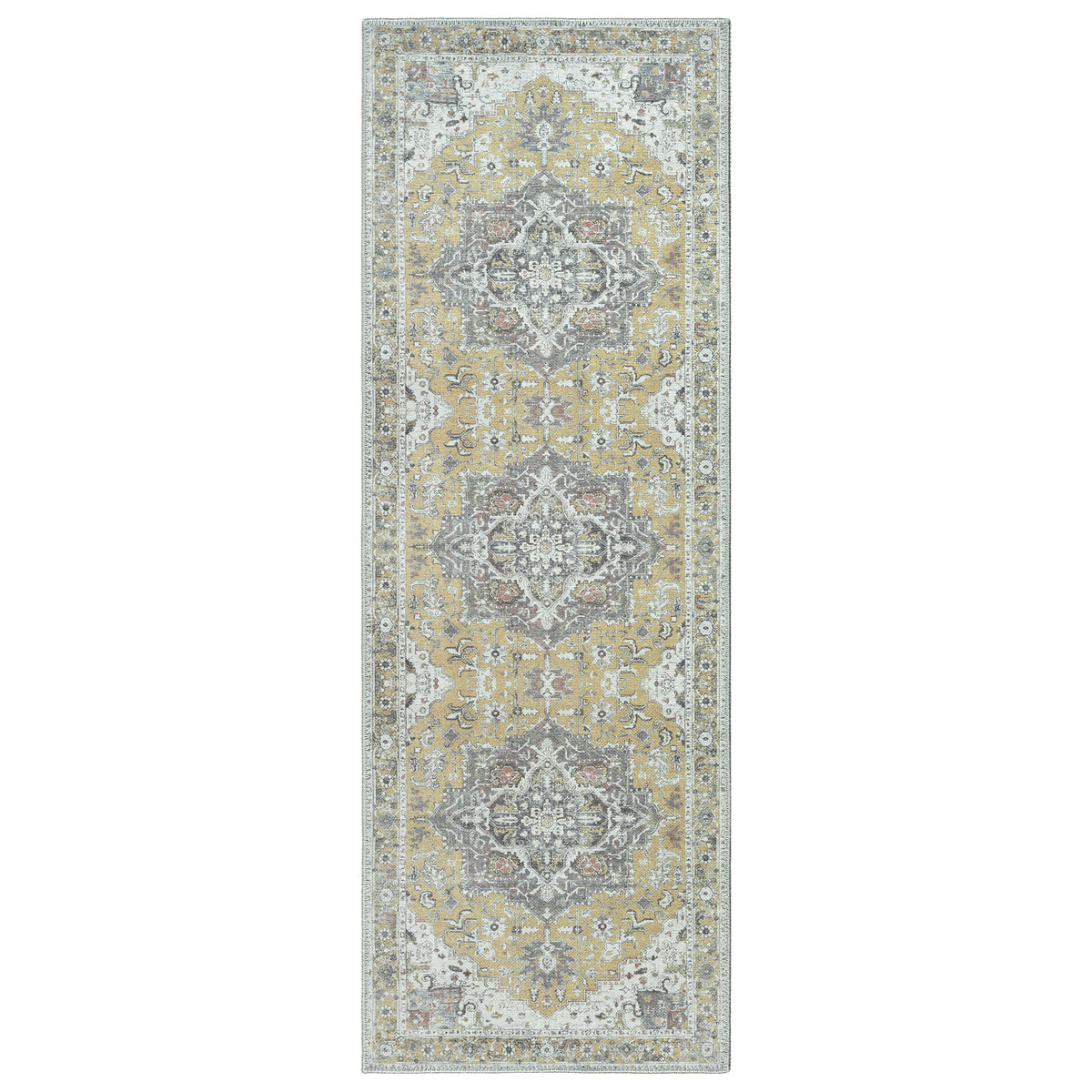 Ionia IO-14 Traditional Medallion Yellow Washable Rug | Non-Slip