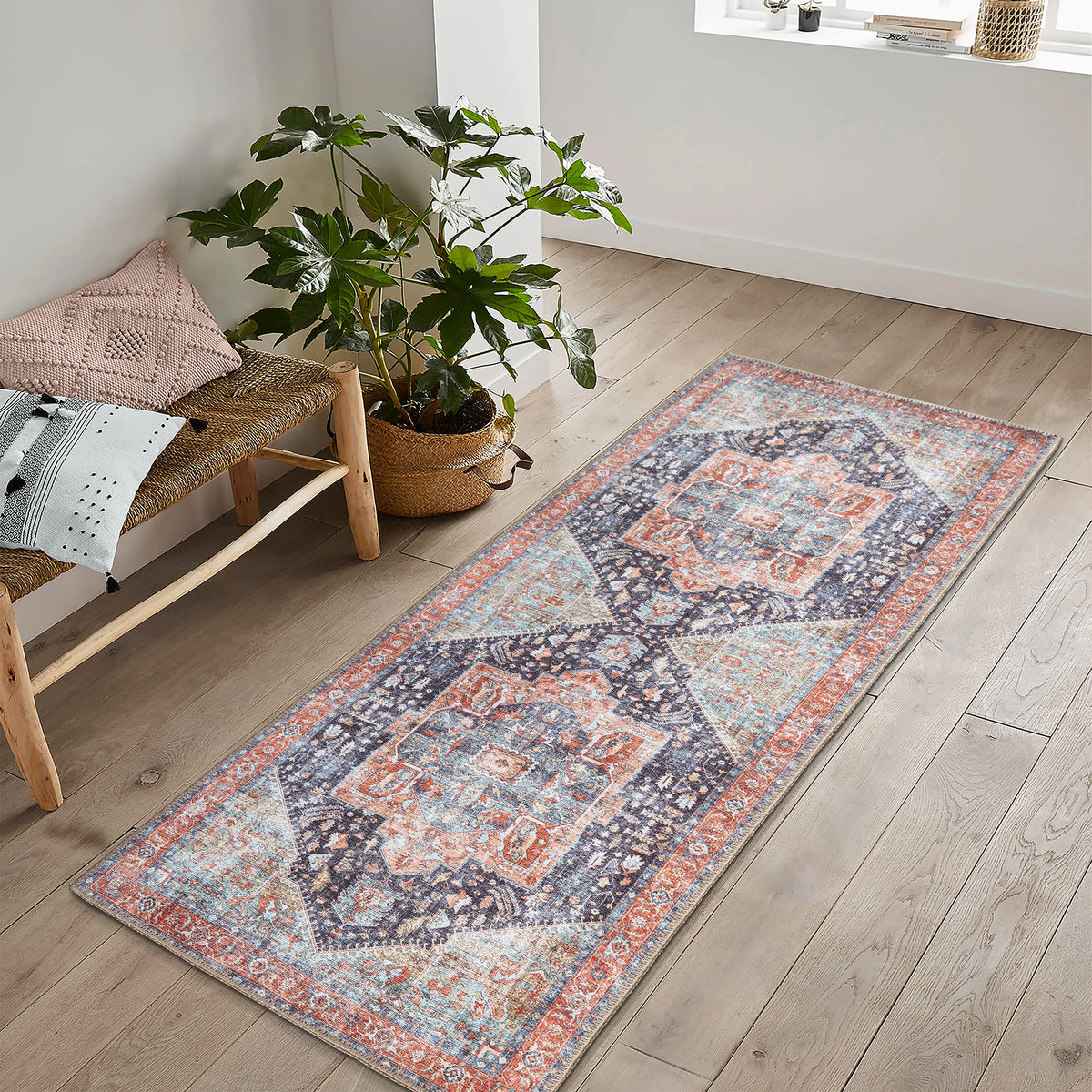 Ionia IO-59 Traditional Medallion Multicolor Washable Rug | Non-Slip