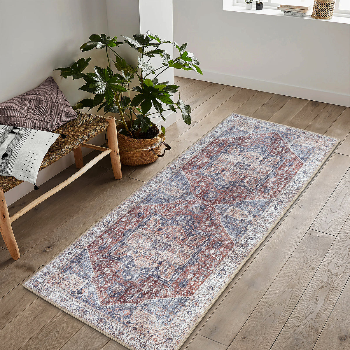 Ionia IO-59 Traditional Medallion Red and Blue Washable Rug | Non-Slip