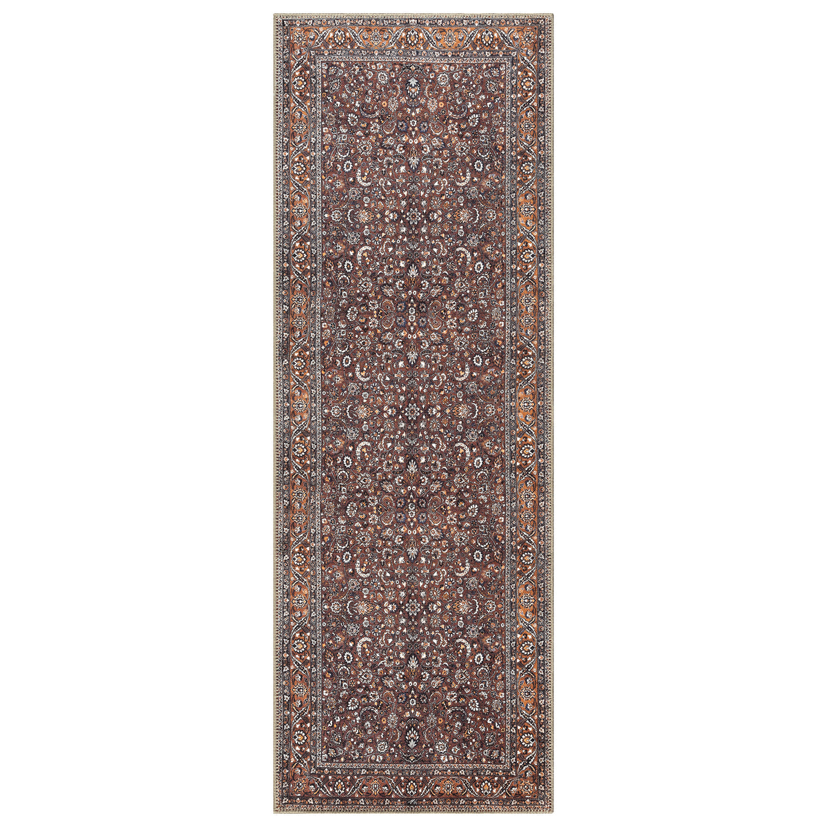 Ionia IO-63 Traditional Bordered Dark Brown and Orange Rug