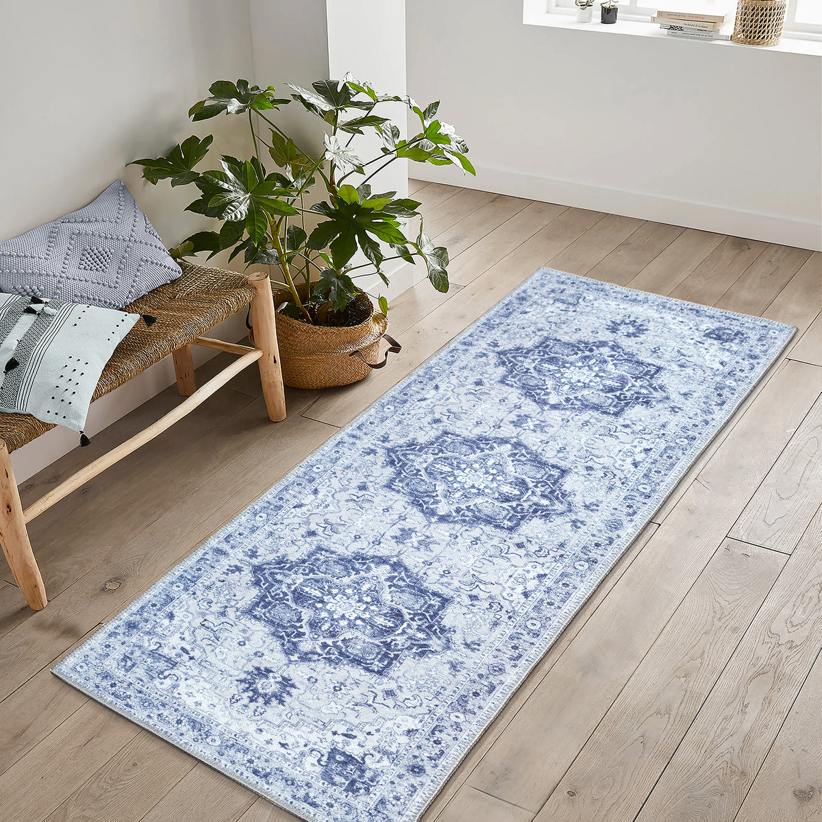 Ionia IO-14 Traditional Medallion Blue and Grey Washable Rug | Non-Slip