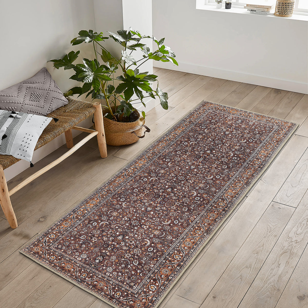 Ionia IO-63 Traditional Bordered Dark Brown and Orange Rug