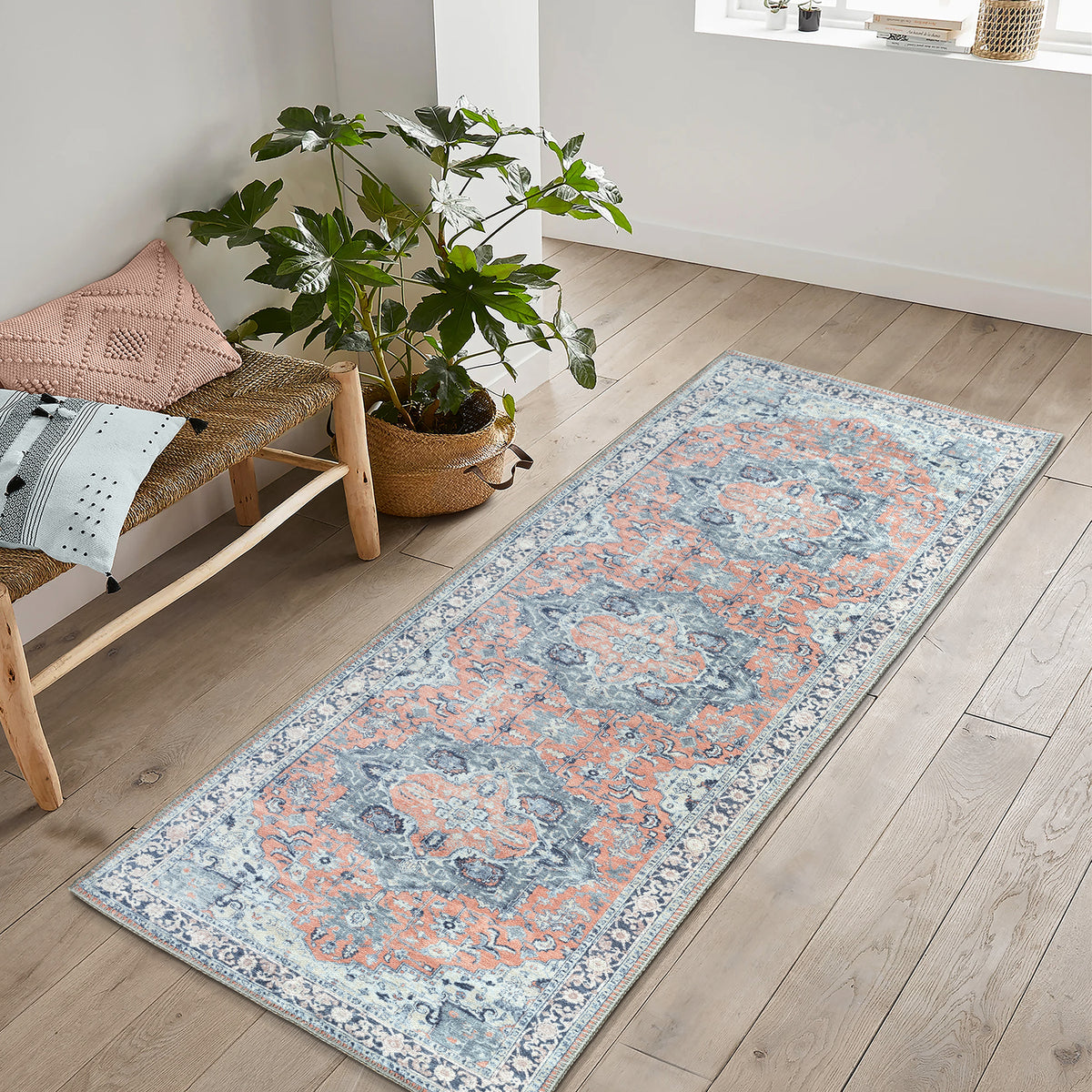 Ionia IO-14 Traditional Medallion Coral and Blue Washable Rug | Non-Slip