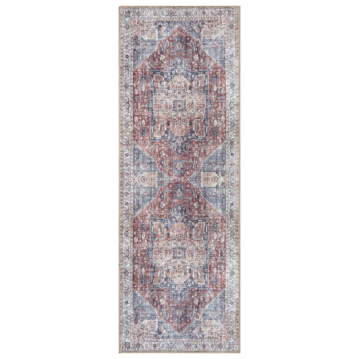 Ionia IO-59 Traditional Medallion Red and Blue Washable Rug | Non-Slip