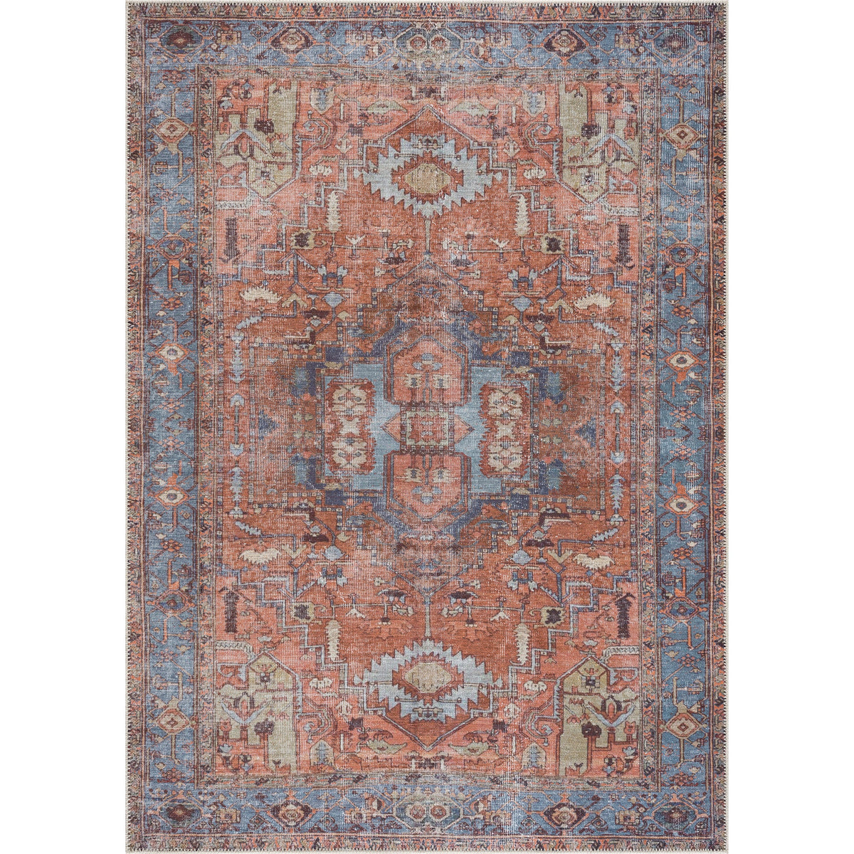 Washable Traditional Persian Terracotta and Blue Area Rugs and 