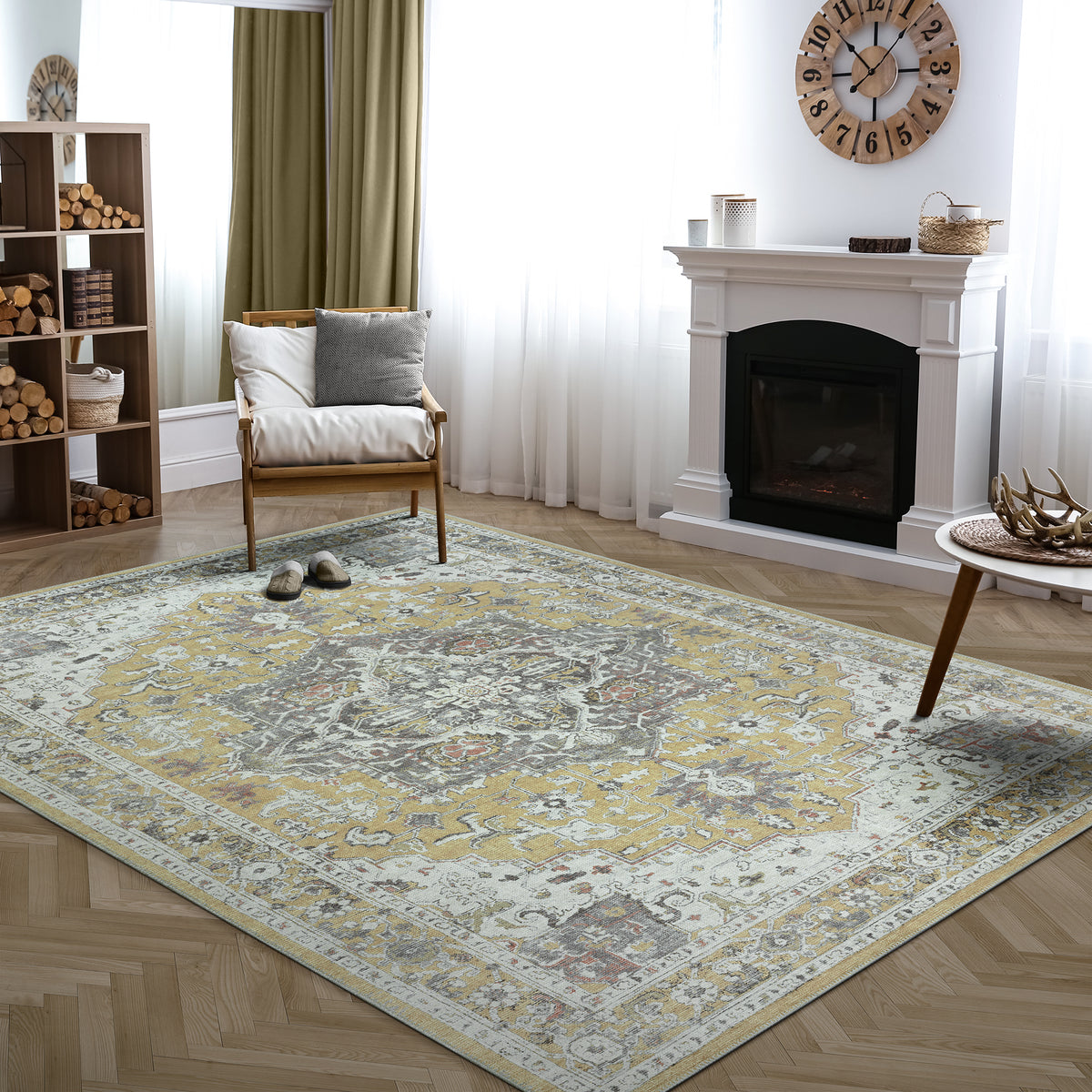 Ionia IO-14 Traditional Medallion Yellow Washable Rug | Non-Slip