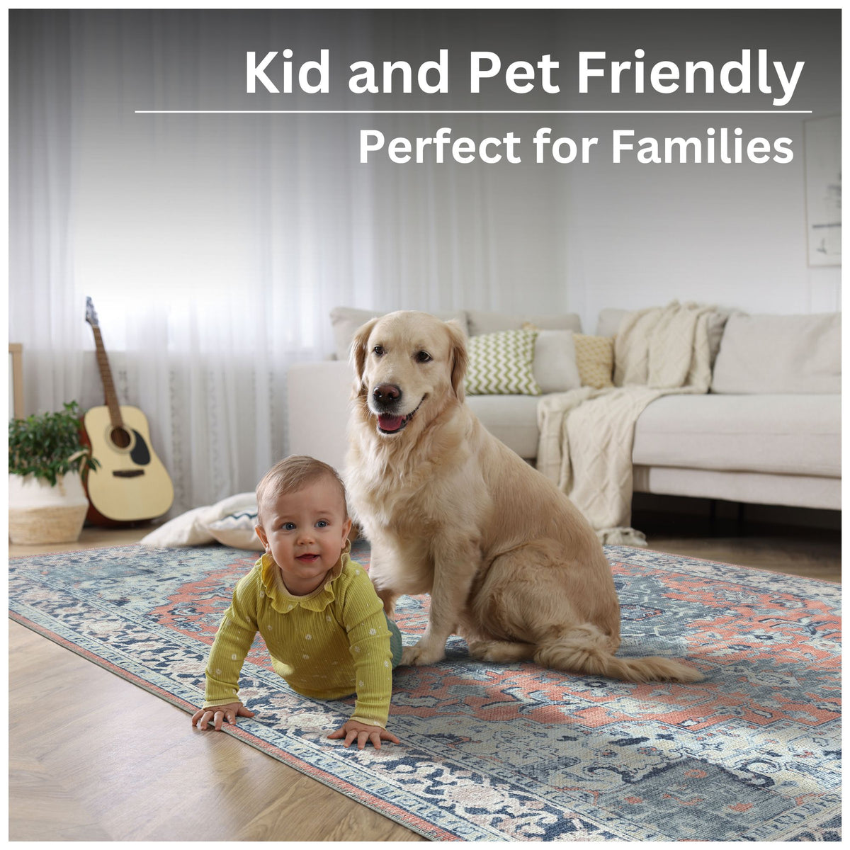 Ionia IO-14 Traditional Medallion Coral and Blue Washable Rug | Non-Slip