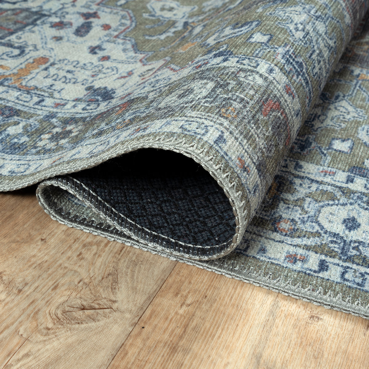 Ionia IO-14 Traditional Medallion Green Washable Rug | Non-Slip