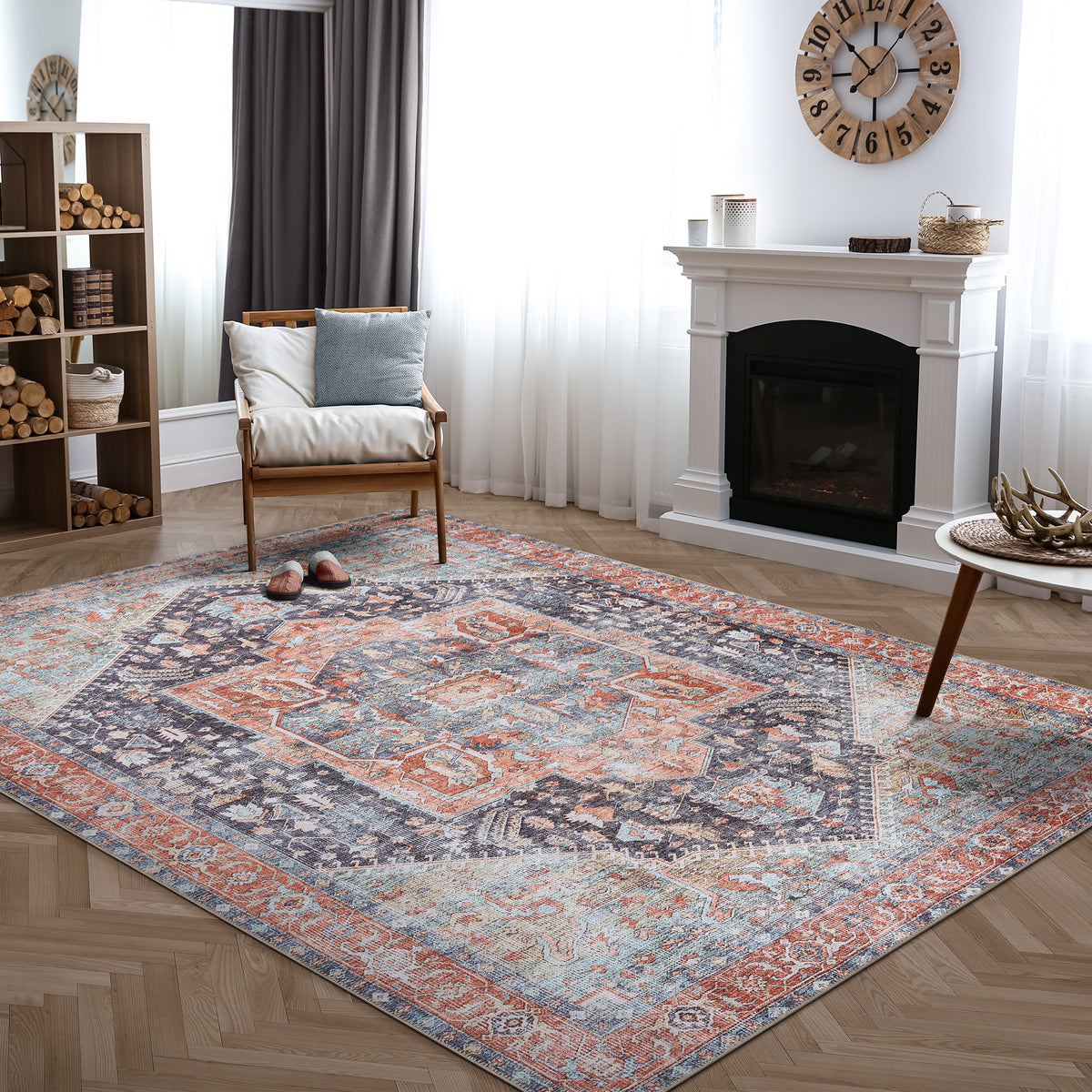 Ionia IO-59 Traditional Medallion Multicolor Washable Rug | Non-Slip