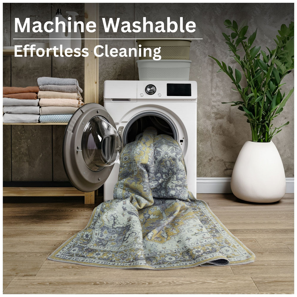 Ionia IO-14 Traditional Medallion Yellow Washable Rug | Non-Slip