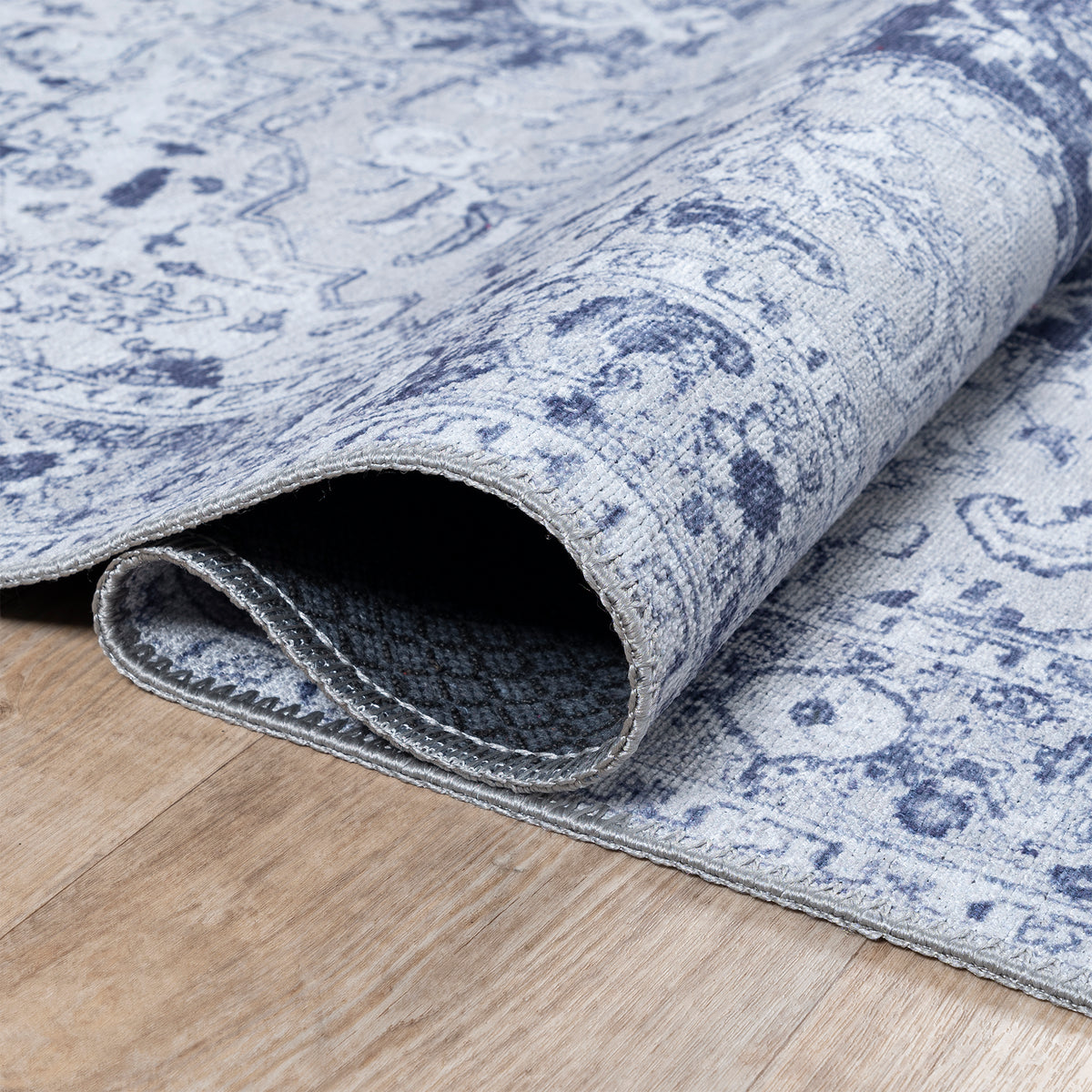 Ionia IO-14 Traditional Medallion Blue and Grey Washable Rug | Non-Slip