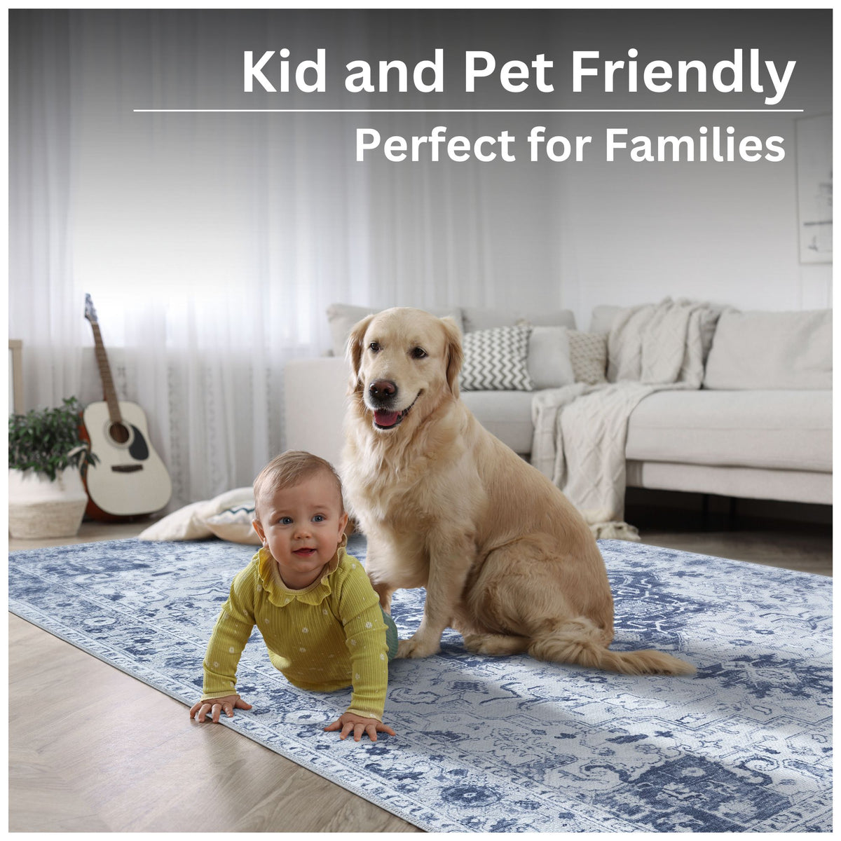 Ionia IO-14 Traditional Medallion Blue and Grey Washable Rug | Non-Slip