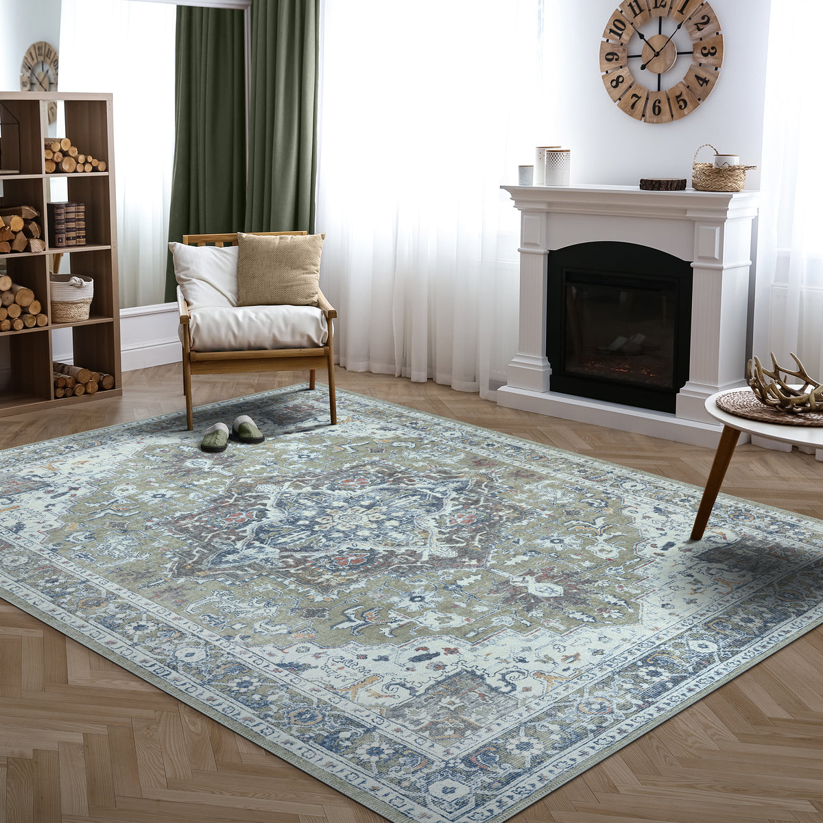 Ionia IO-14 Traditional Medallion Green Washable Rug | Non-Slip