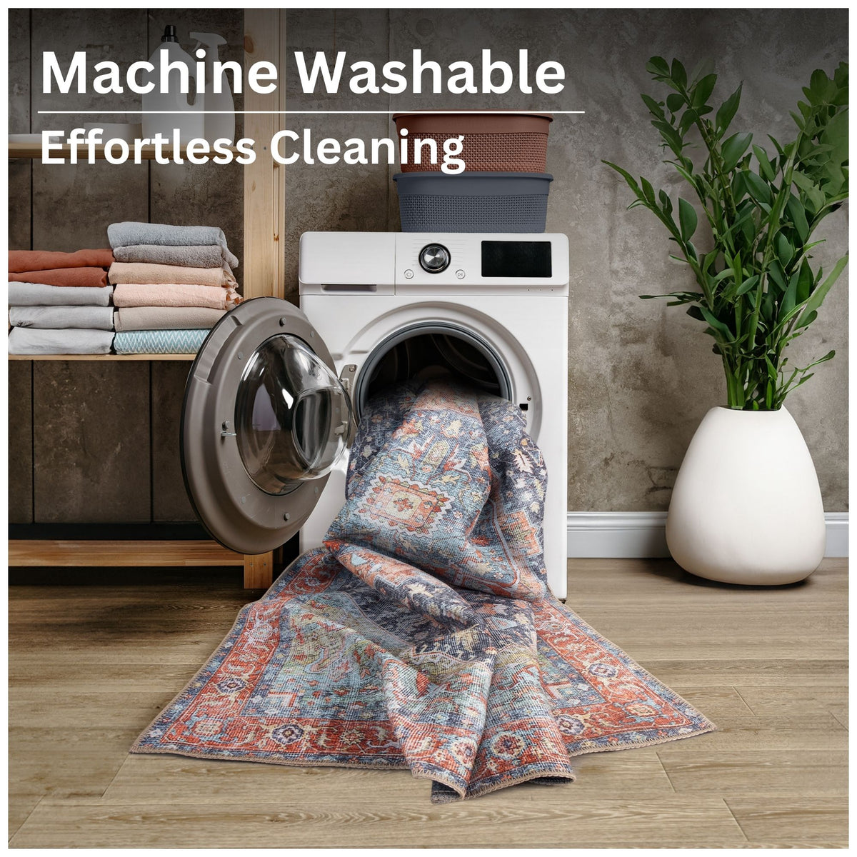 Ionia IO-59 Traditional Medallion Multicolor Washable Rug | Non-Slip