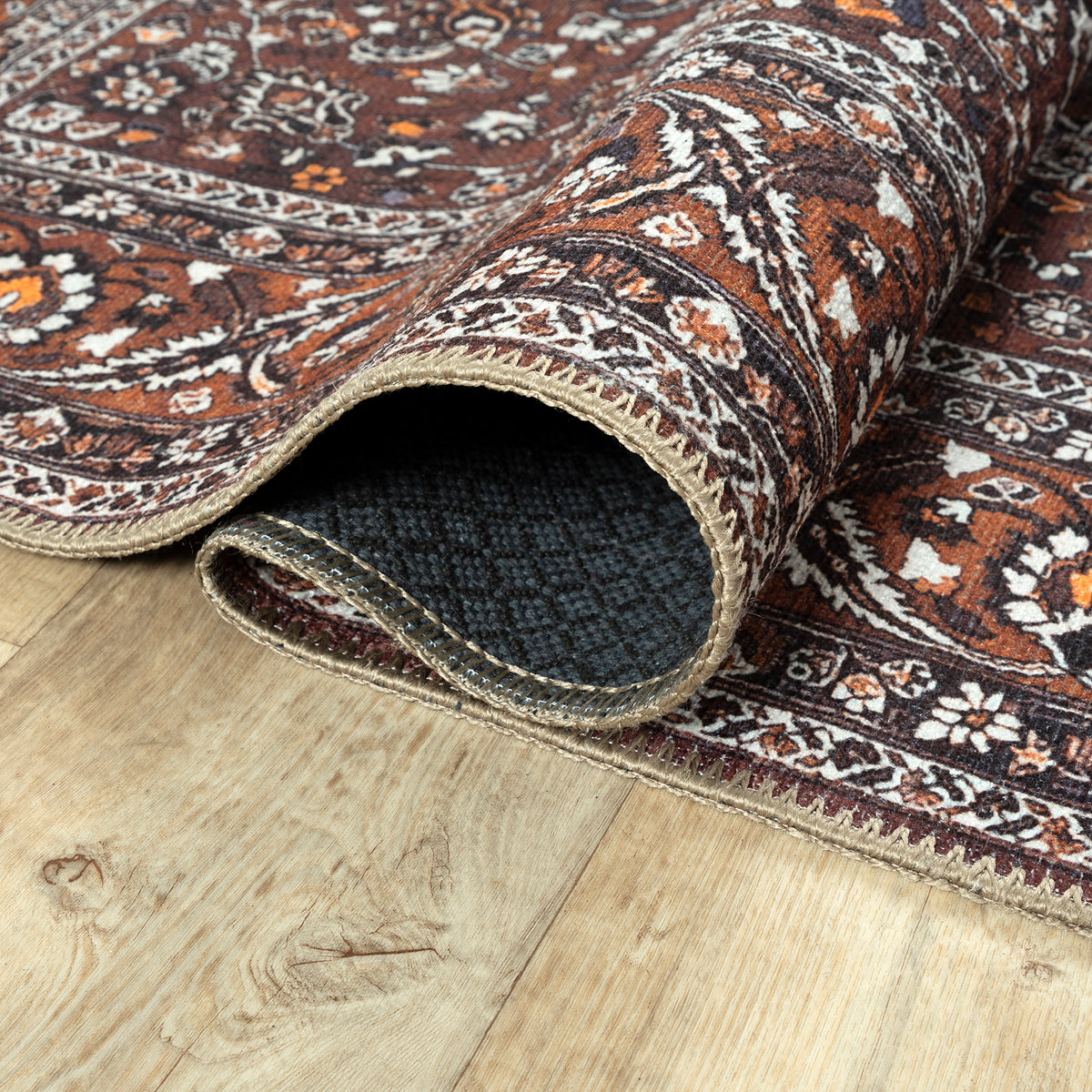 Ionia IO-63 Traditional Bordered Dark Brown and Orange Rug