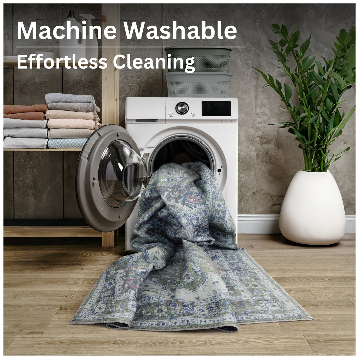 Ionia IO-14 Traditional Medallion Green Washable Rug | Non-Slip