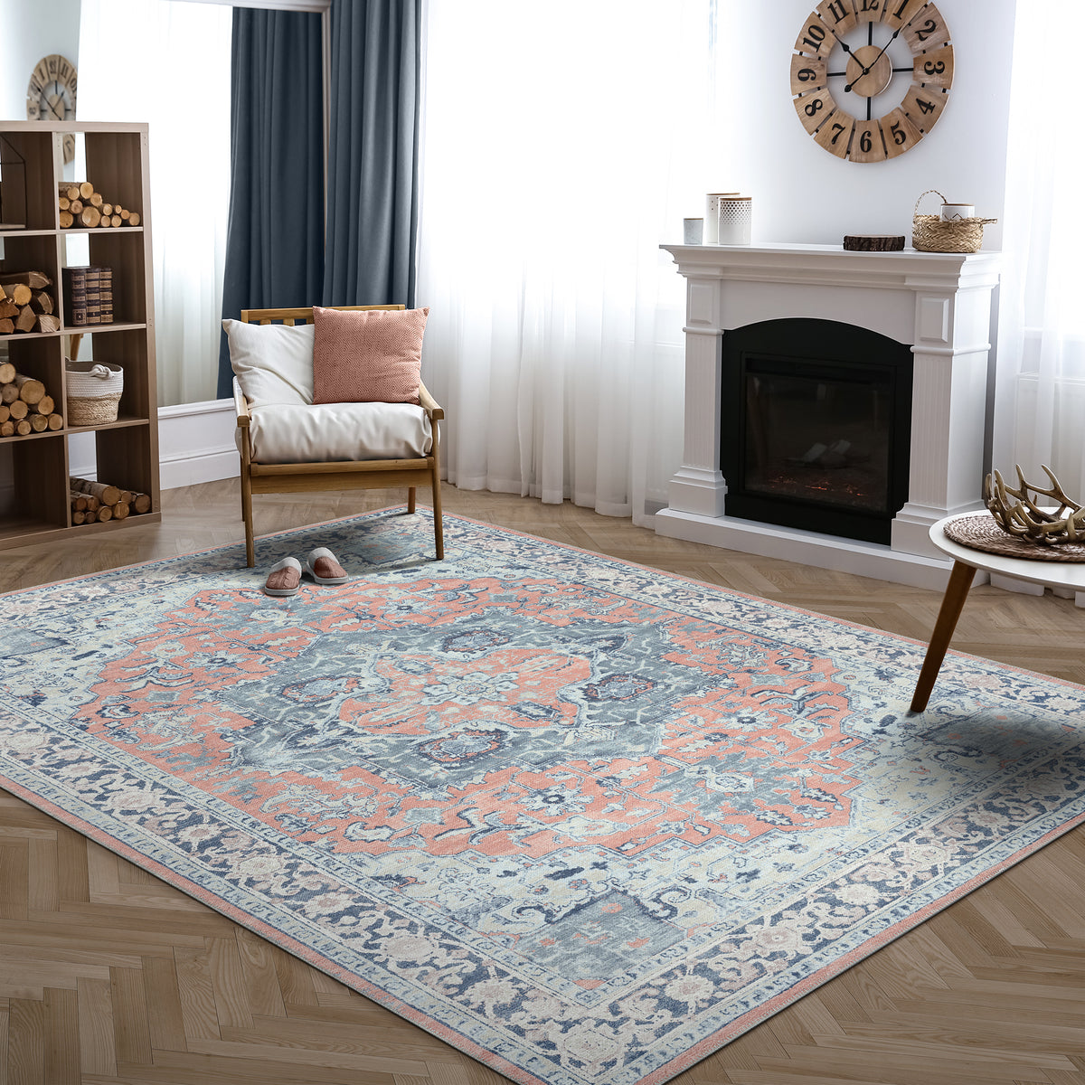 Ionia IO-14 Traditional Medallion Coral and Blue Washable Rug | Non-Slip