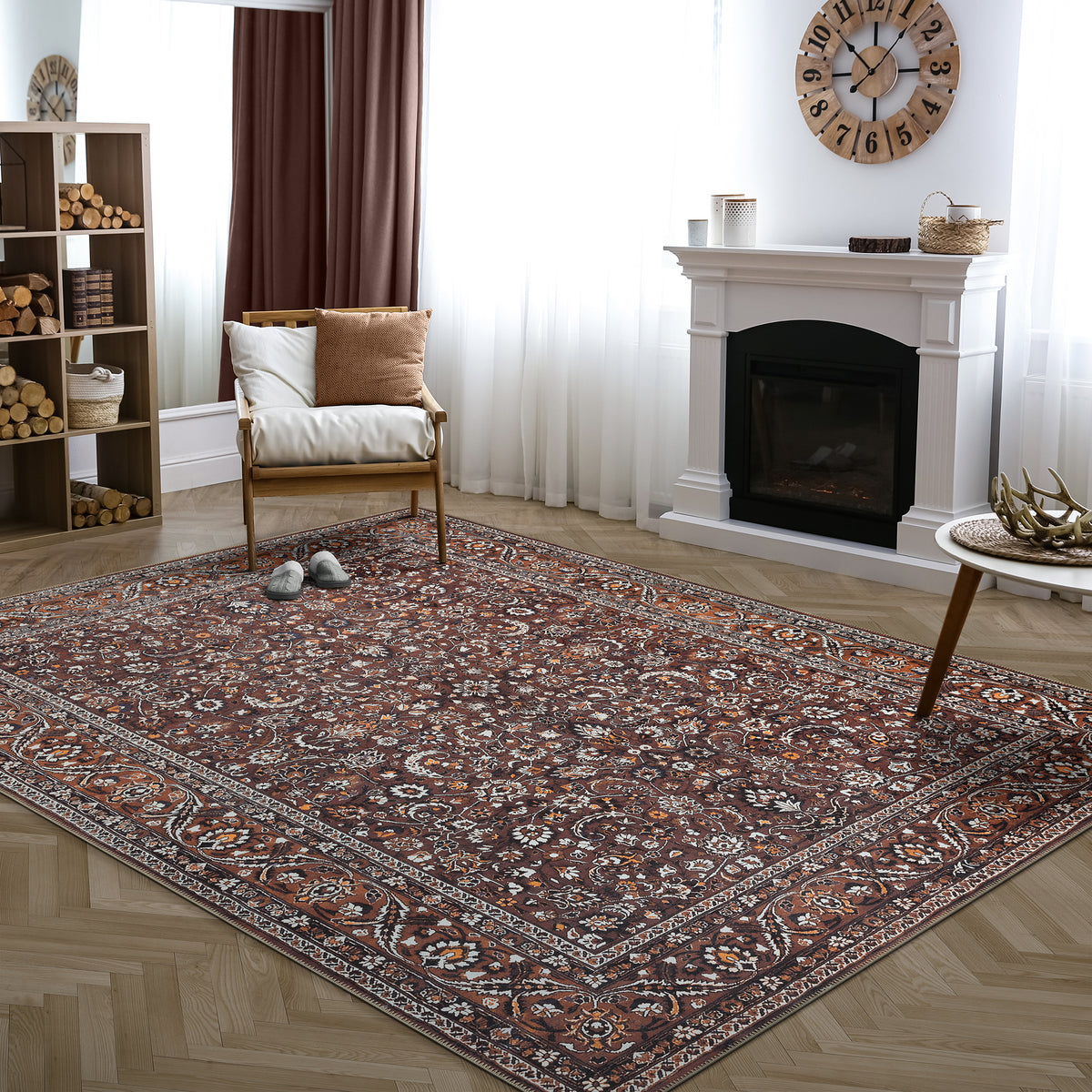 Ionia IO-63 Traditional Bordered Dark Brown and Orange Rug