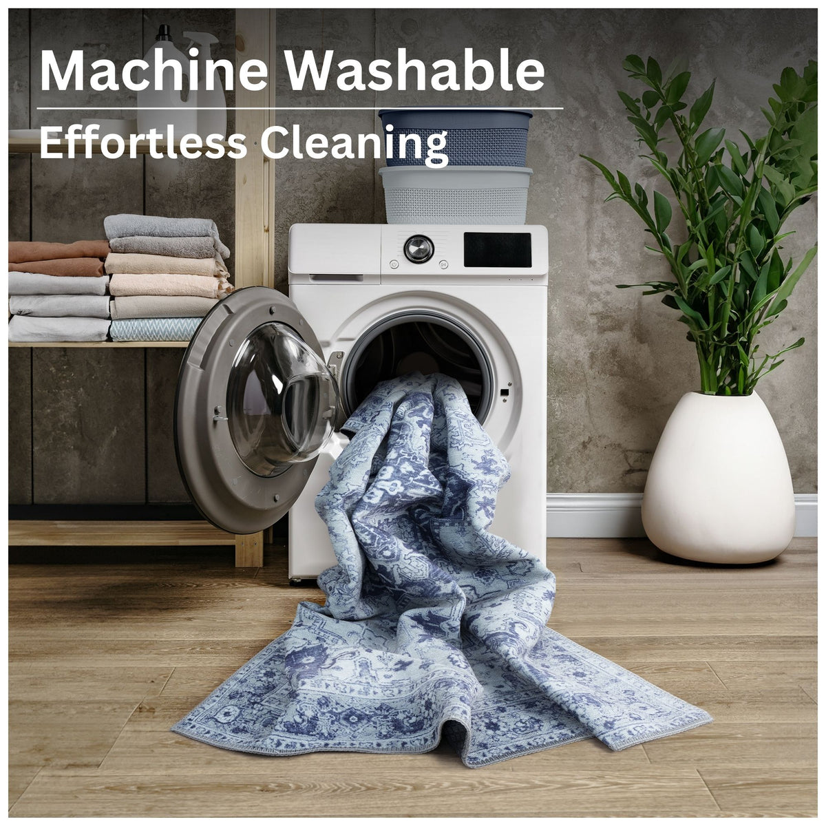 Ionia IO-14 Traditional Medallion Blue and Grey Washable Rug | Non-Slip