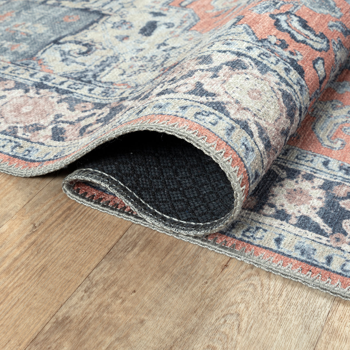 Ionia IO-14 Traditional Medallion Coral and Blue Washable Rug | Non-Slip