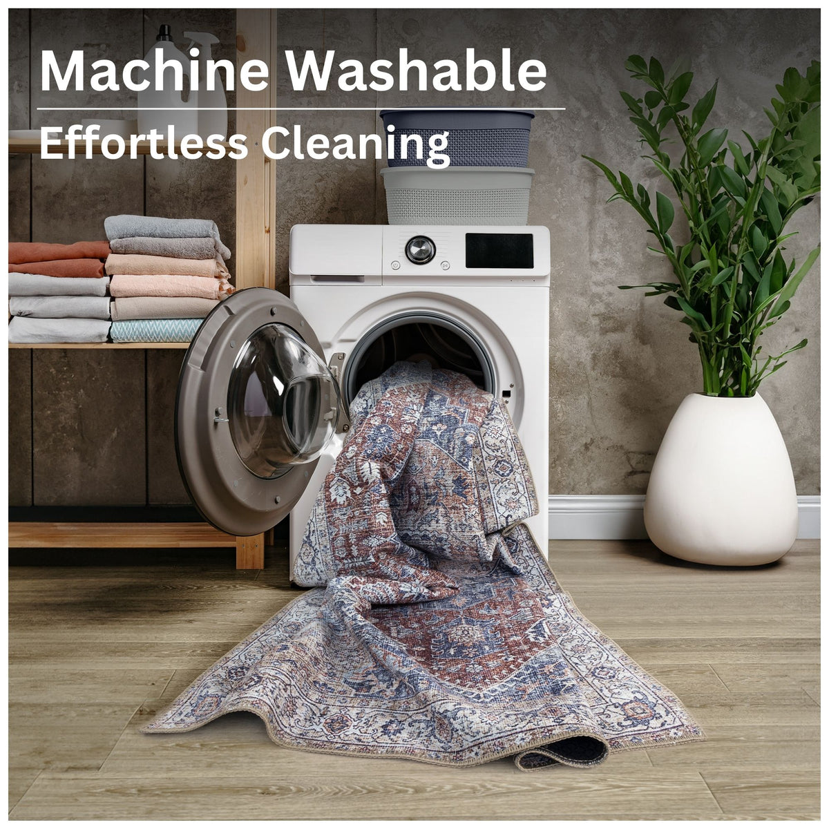Ionia IO-59 Traditional Medallion Red and Blue Washable Rug | Non-Slip