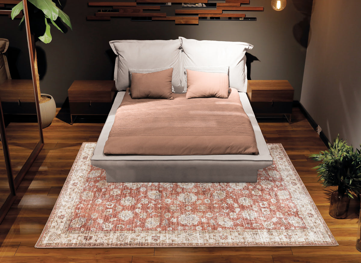 Ionia IO-46 Washable Non-Slip Traditional Bordered Orange/Beige Area Rug