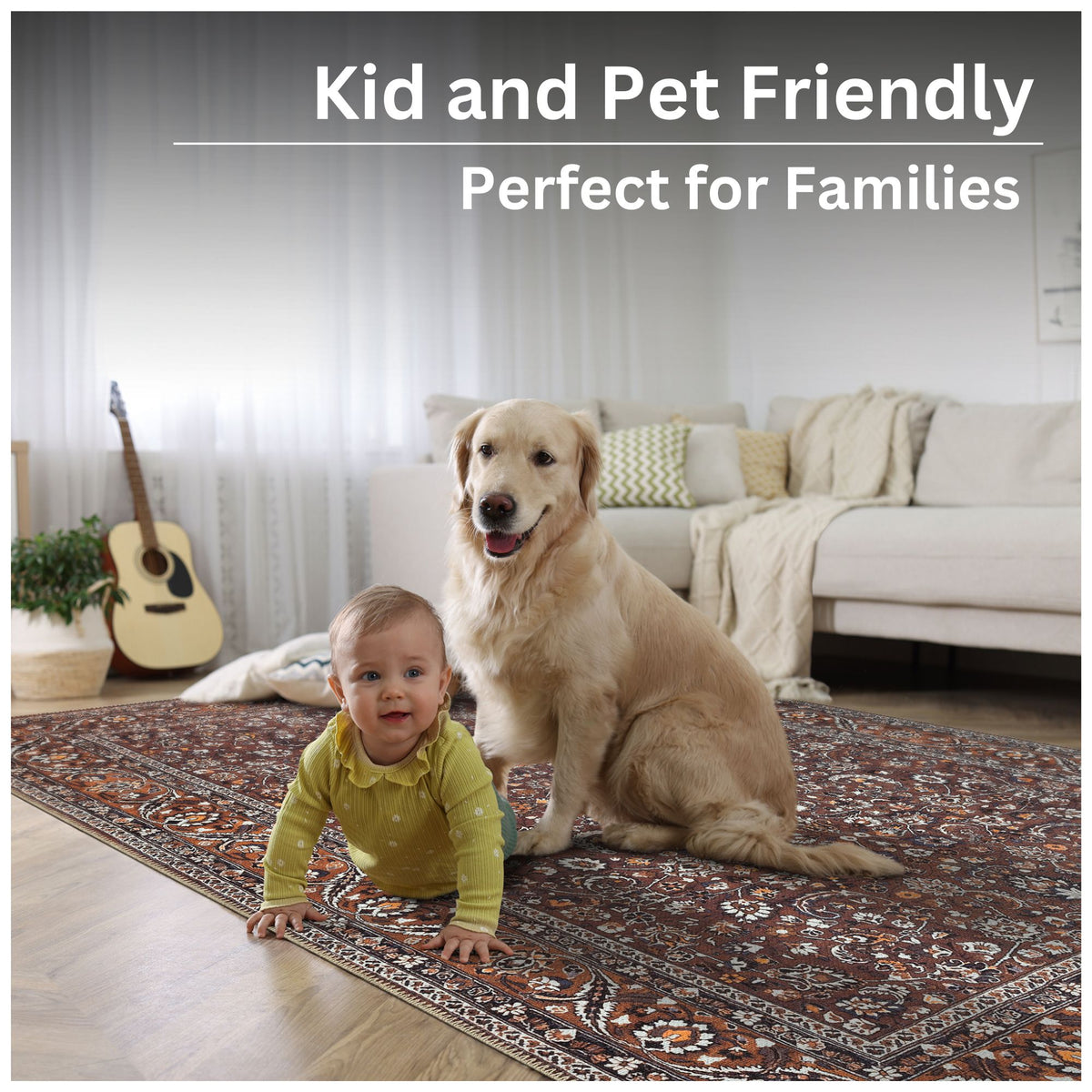 Ionia IO-63 Traditional Bordered Dark Brown and Orange Rug