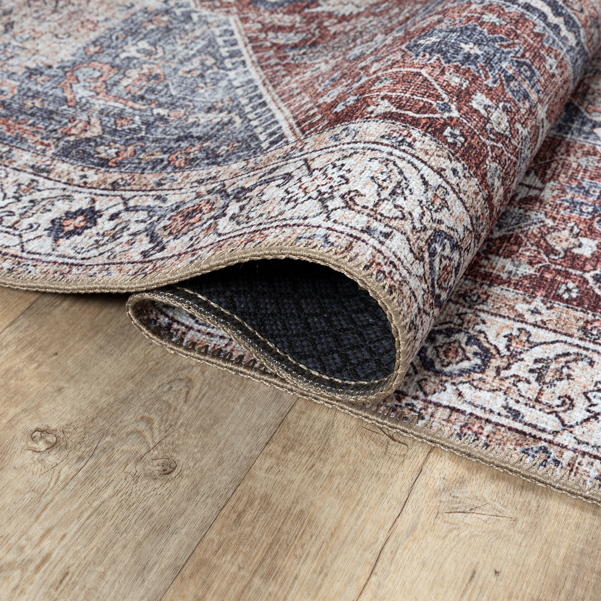 Ionia IO-59 Traditional Medallion Red and Blue Washable Rug | Non-Slip