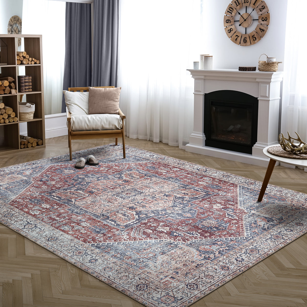 Ionia IO-59 Traditional Medallion Red and Blue Washable Rug | Non-Slip