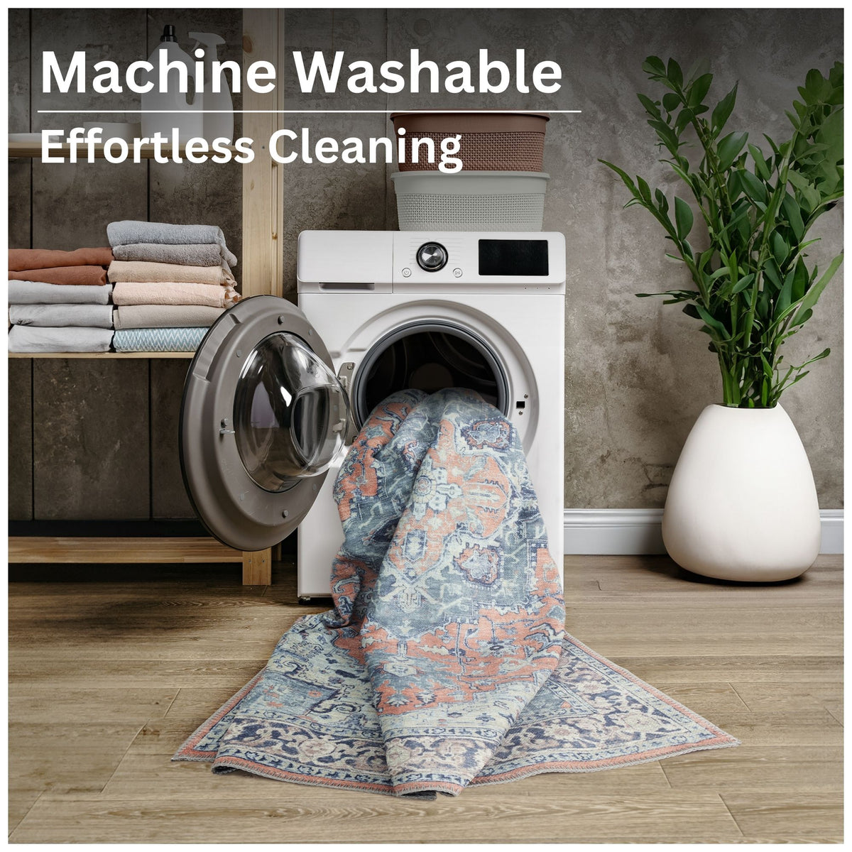Ionia IO-14 Traditional Medallion Coral and Blue Washable Rug | Non-Slip