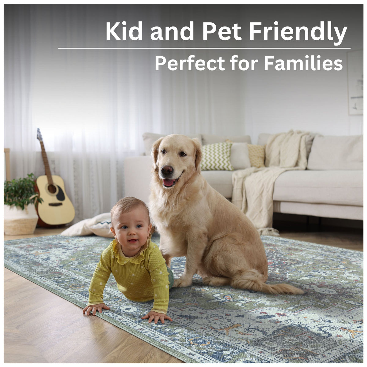 Ionia IO-14 Traditional Medallion Green Washable Rug | Non-Slip