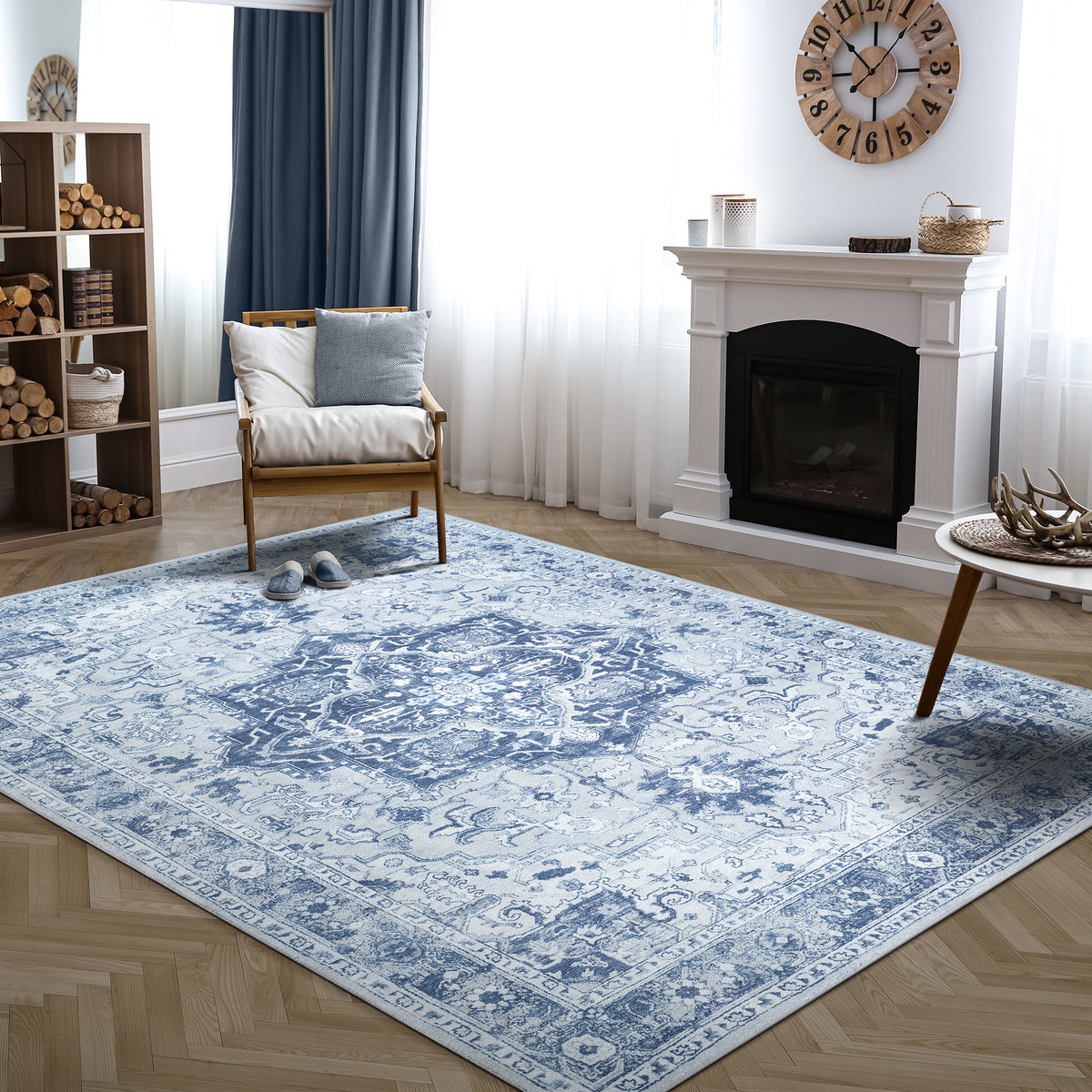 Ionia IO-14 Traditional Medallion Blue and Grey Washable Rug | Non-Slip