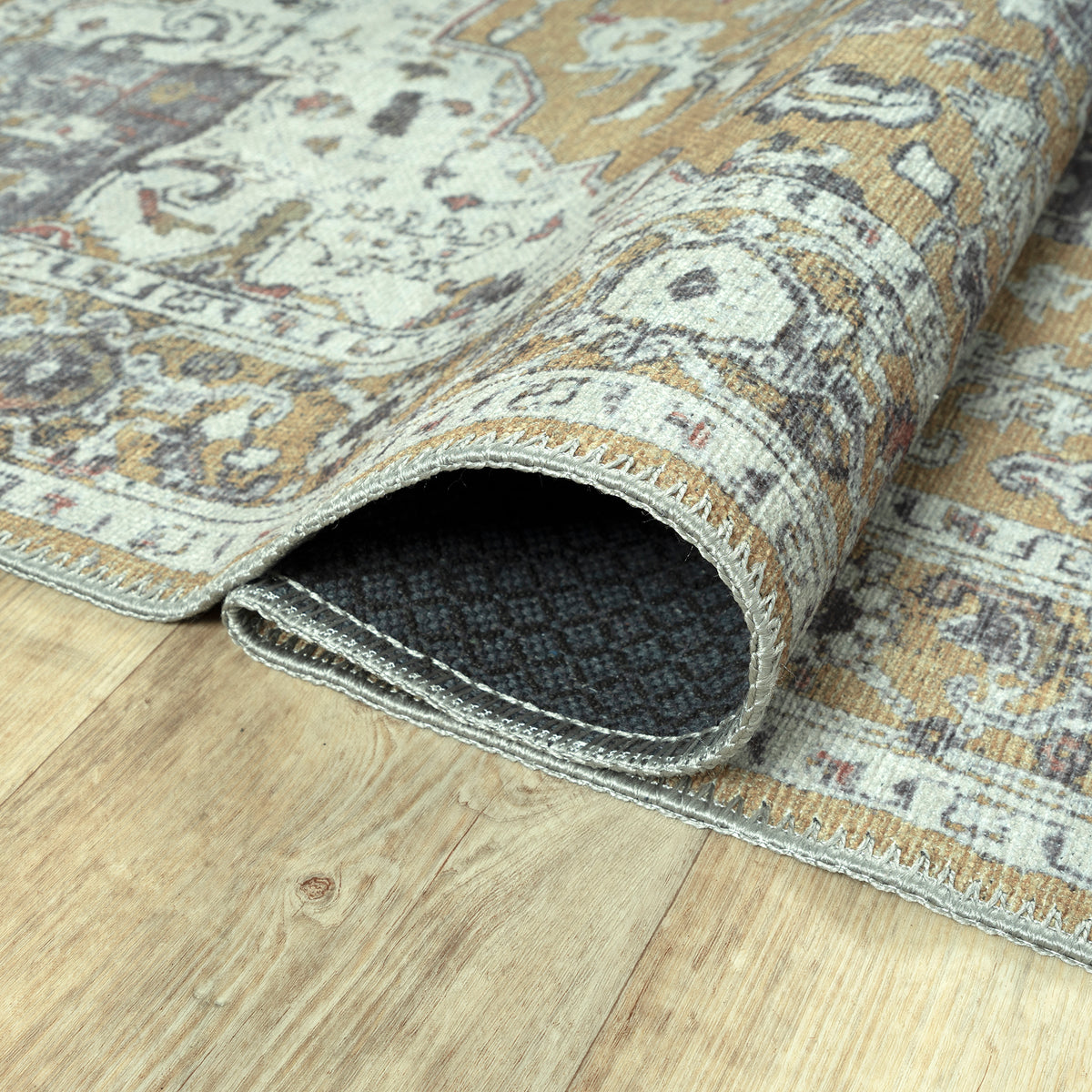 Ionia IO-14 Traditional Medallion Yellow Washable Rug | Non-Slip