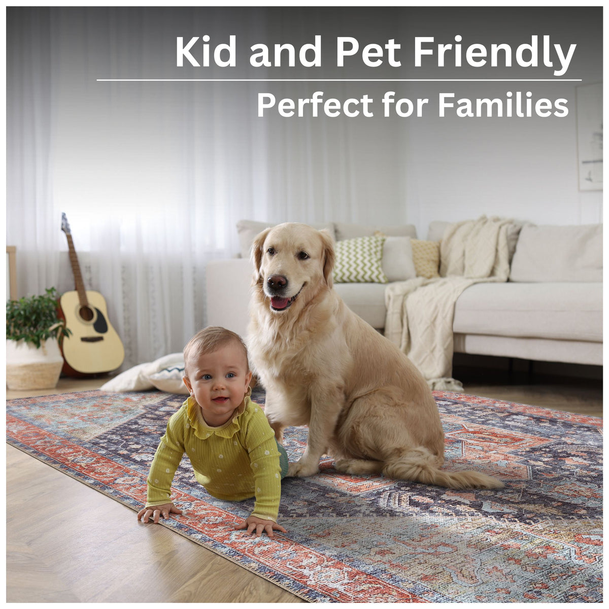 Ionia IO-59 Traditional Medallion Multicolor Washable Rug | Non-Slip