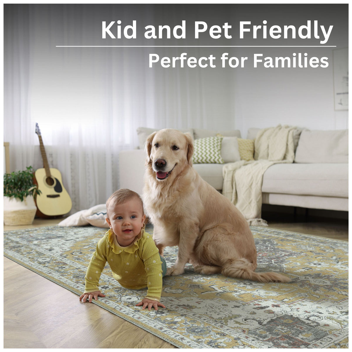 Ionia IO-14 Traditional Medallion Yellow Washable Rug | Non-Slip