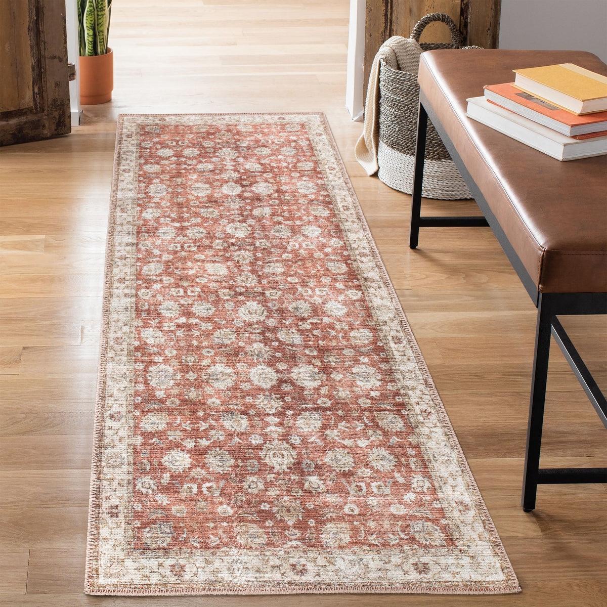 Ionia IO-46 Washable Non-Slip Traditional Bordered Orange/Beige Area Rug