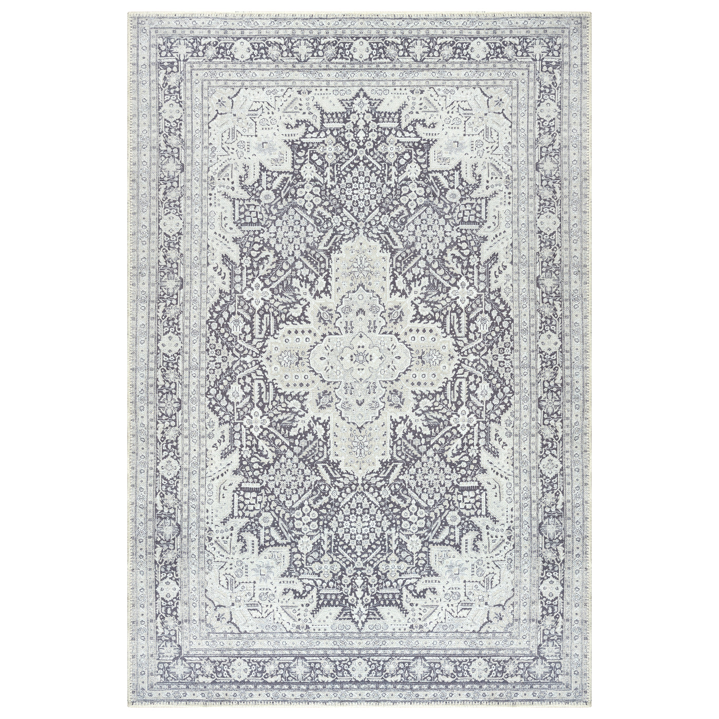 Ionia IO-51 Washable Non-Slip Traditional Medallion Charcoal Blue Area Rug