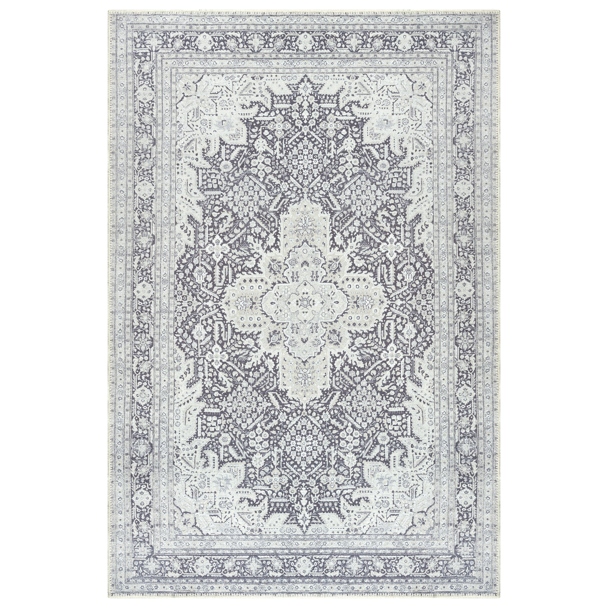 Ionia IO-51 Washable Non-Slip Traditional Medallion Charcoal Blue Area ...