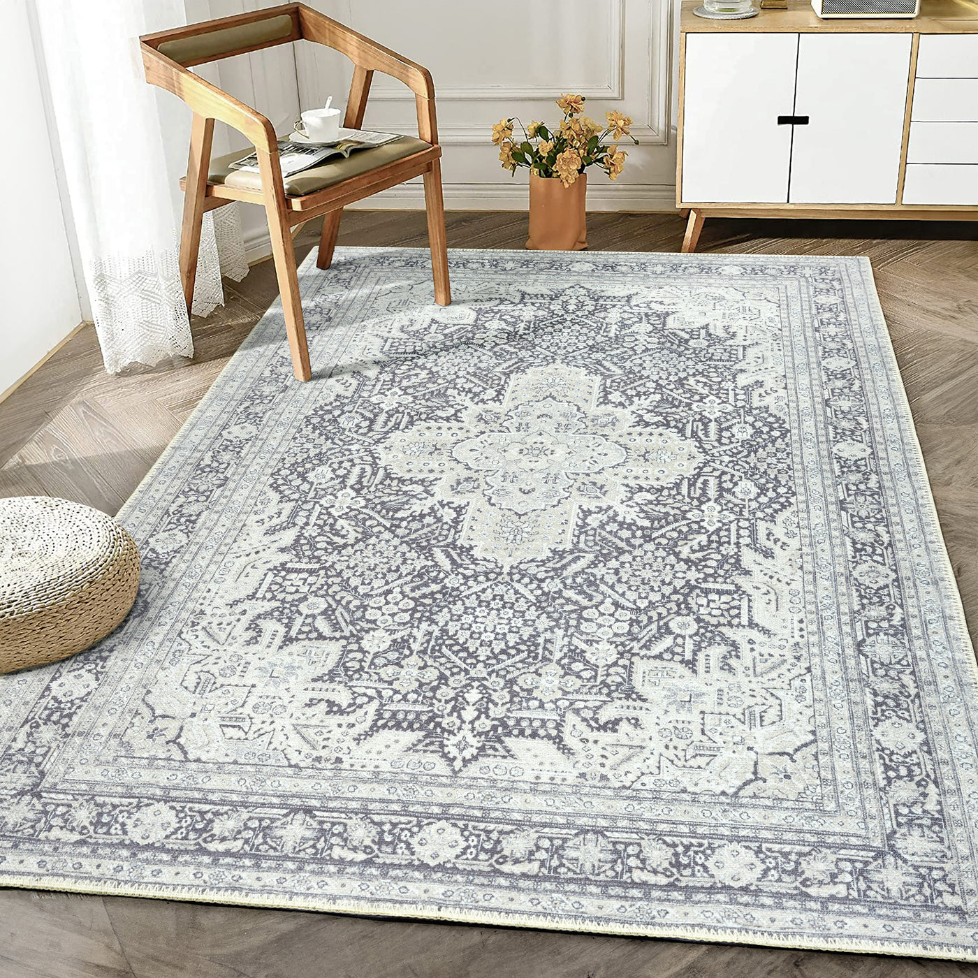 Ionia IO-51 Washable Non-Slip Traditional Medallion Charcoal Blue Area Rug